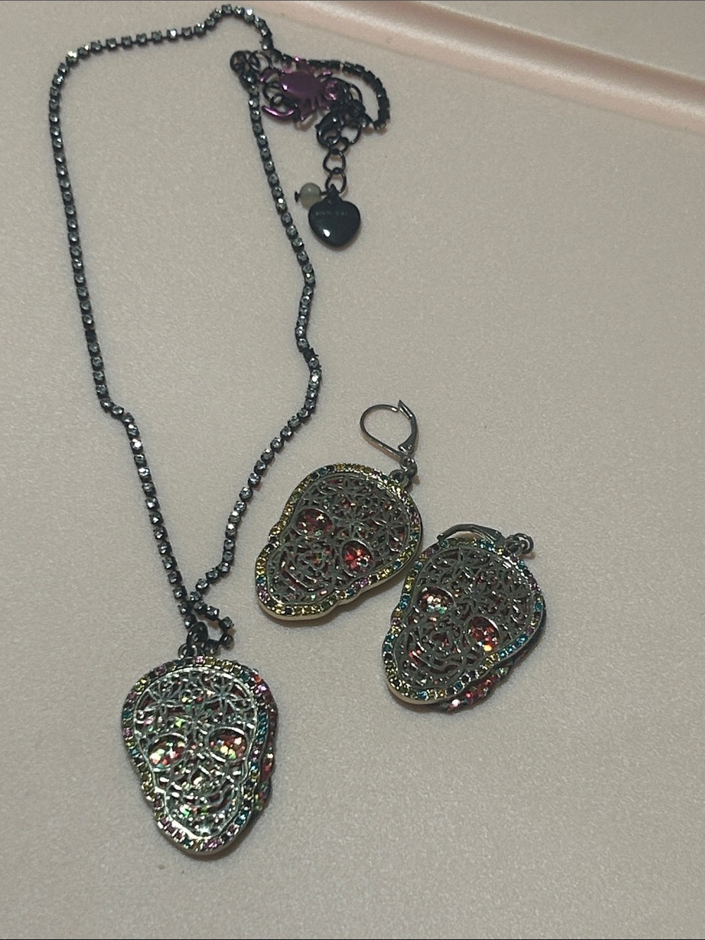 Betsey Johnson Iridescent Skull Pendant Necklace and Earrings Set